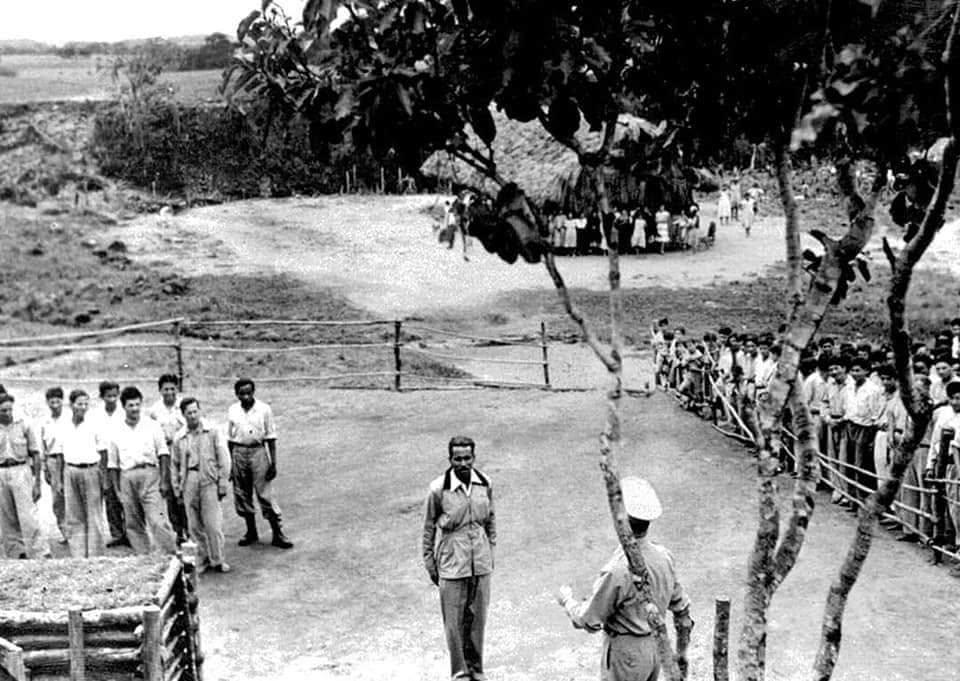 Multitud congregada en el camino durante la Entrega de Armas de 1953, cerca del Puesto Militar de Monterrey