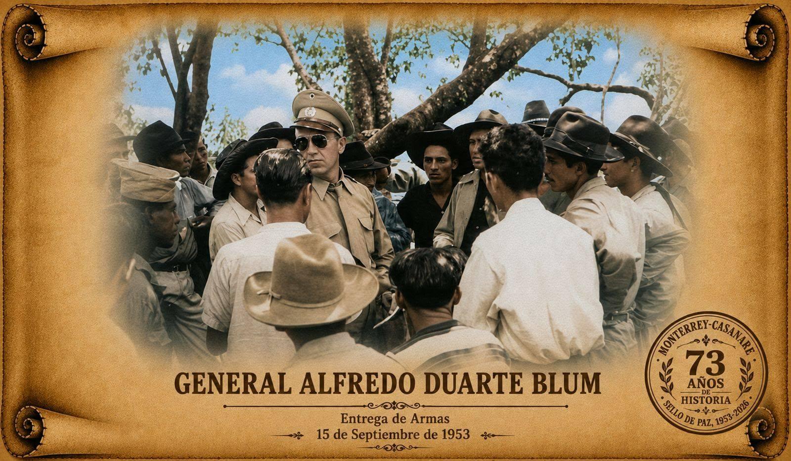 Retrato del General Alfredo Duarte Blum rodeado de guerrilleros/campesinos (pieza gráfica serie '73 años')