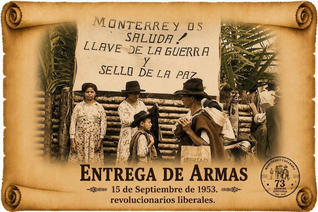 Gráfico oficial 'Monterrey os saluda! Llave de la guerra y sello de la paz' con sello '73 años'