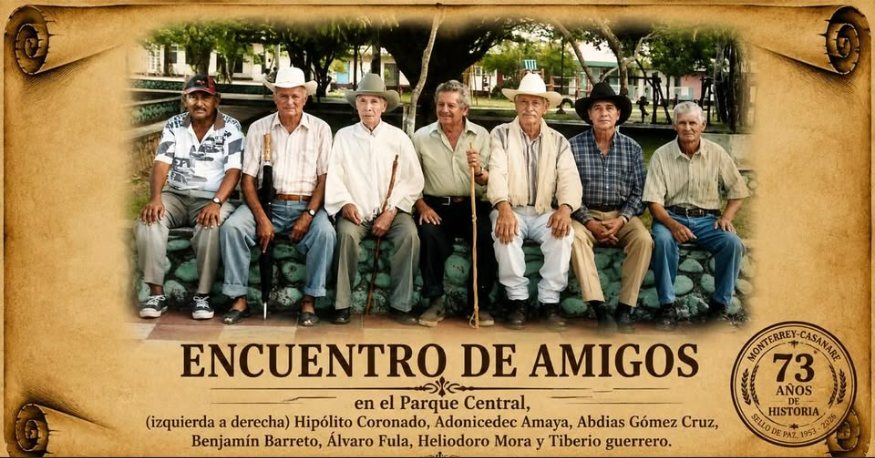 Foto de 'Encuentro de Amigos' en el parque central: Hipólito Coronado, Adonicedec Amaya, Abdias Gómez Cruz, Benjamín Bar