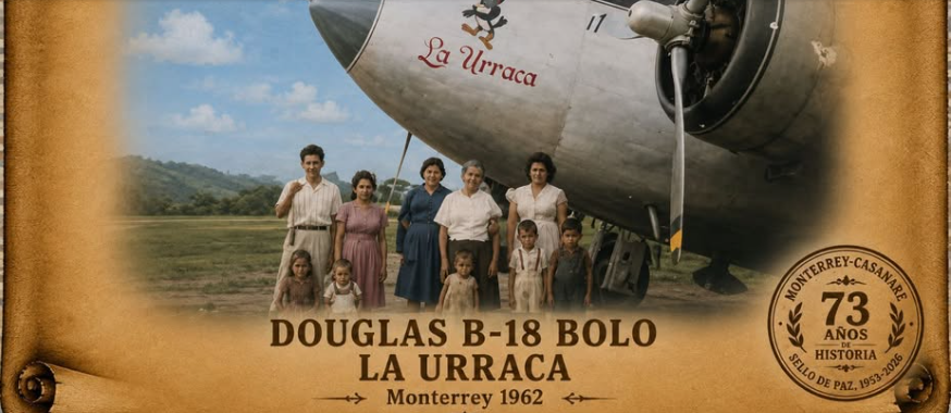 Familia Barreto Vaca posando junto a avión Douglas B-18 Bolo de 'La Urraca', hacia 1962, aeropuerto de Monterrey