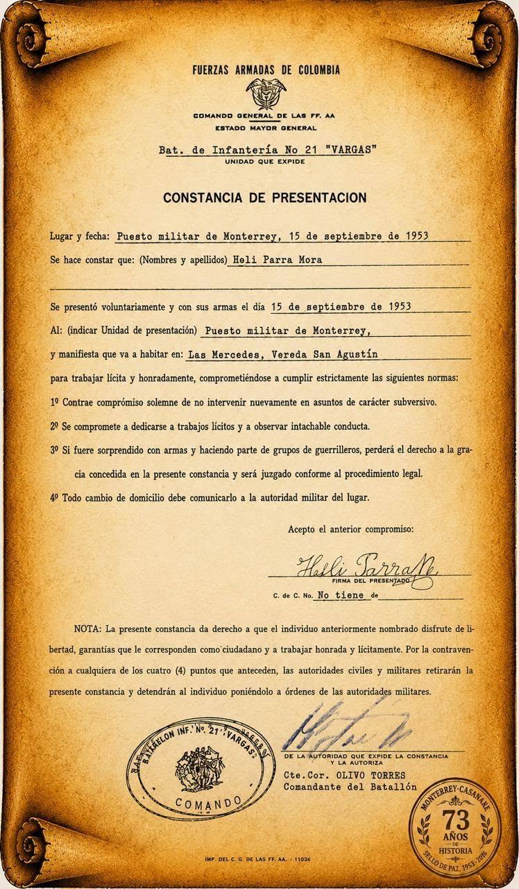 Constancia de Presentación original de Helí Parra Mora, Batallón Vargas, Puesto Militar de Monterrey, 15 sept. 1953