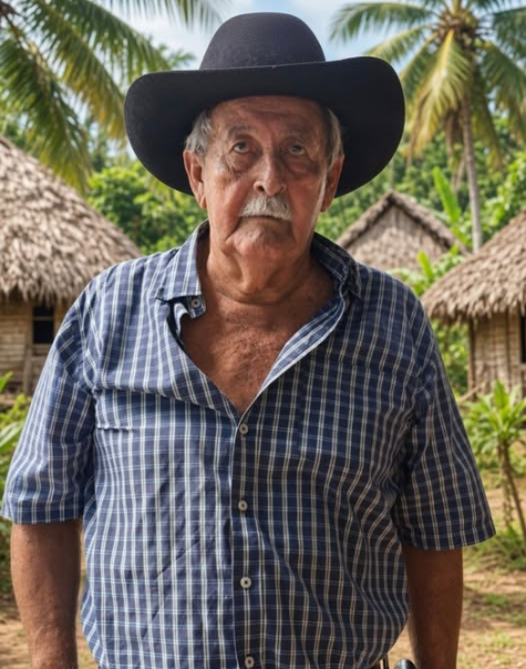 Retrato de Hugo Berto Gómez frente a construcción con techo de palma
